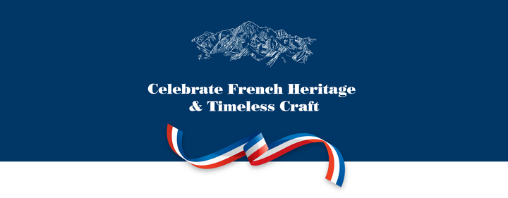 Promotional graphic with text 'Celebrate French Heritage & Timeless Craft' on a blue and white background.