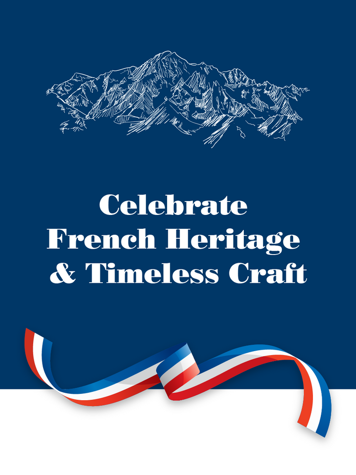 Promotional graphic with mountains, text 'Celebrate French Heritage & Timeless Craft', and a French flag ribbon on a blue background.