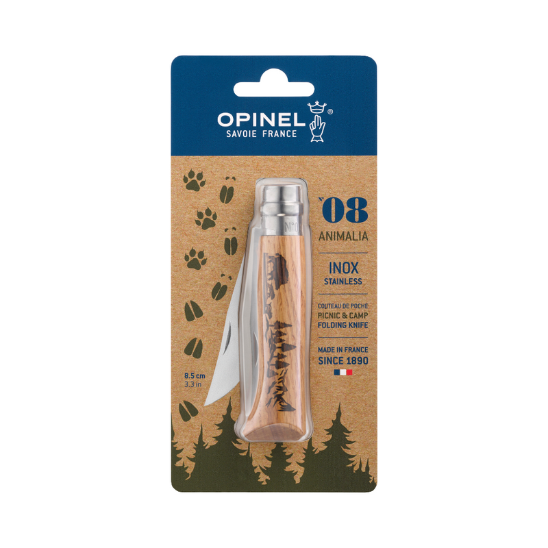No°08 Oak Engraved Handle Folding Knife - Animalia (Blister Packaging)