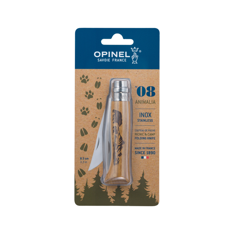 No°08 Oak Engraved Handle Folding Knife - Animalia (Blister Packaging)