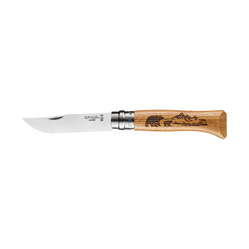 No°08 Oak Engraved Handle Folding Knife - Animalia (Blister Packaging)